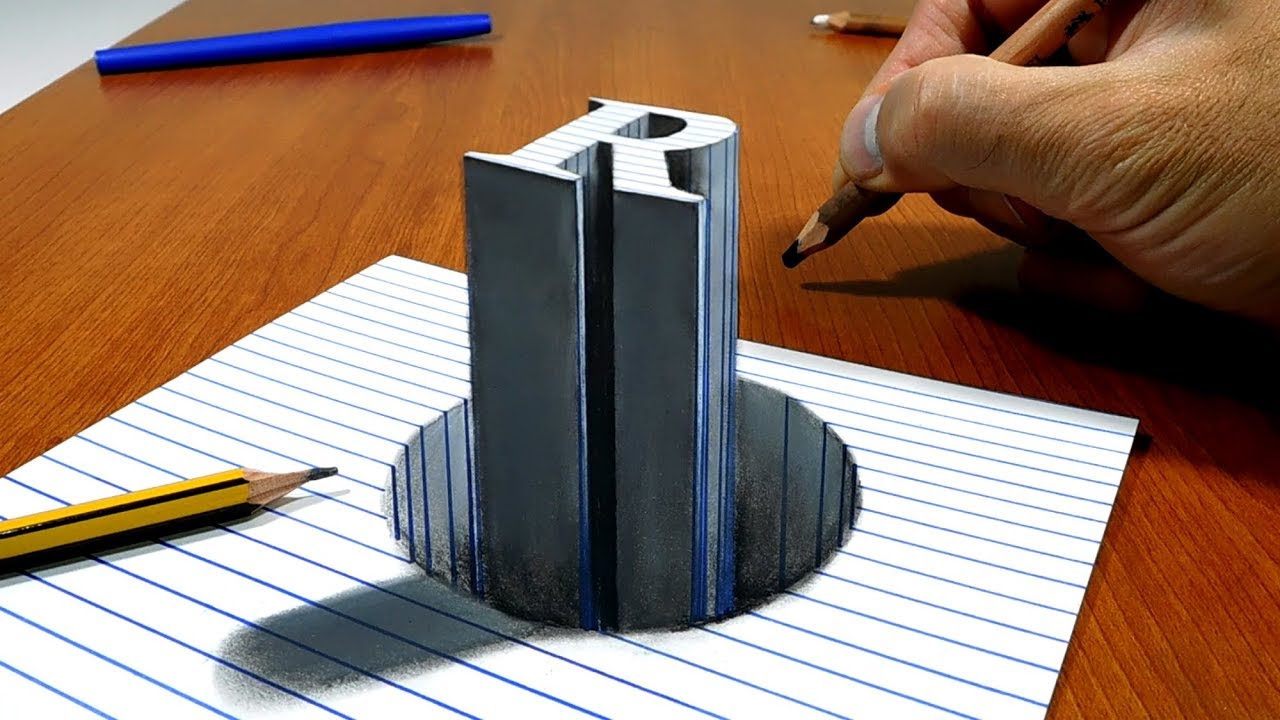 ⁣3D Trick Art on Line Paper Letter R Stick in the Hole