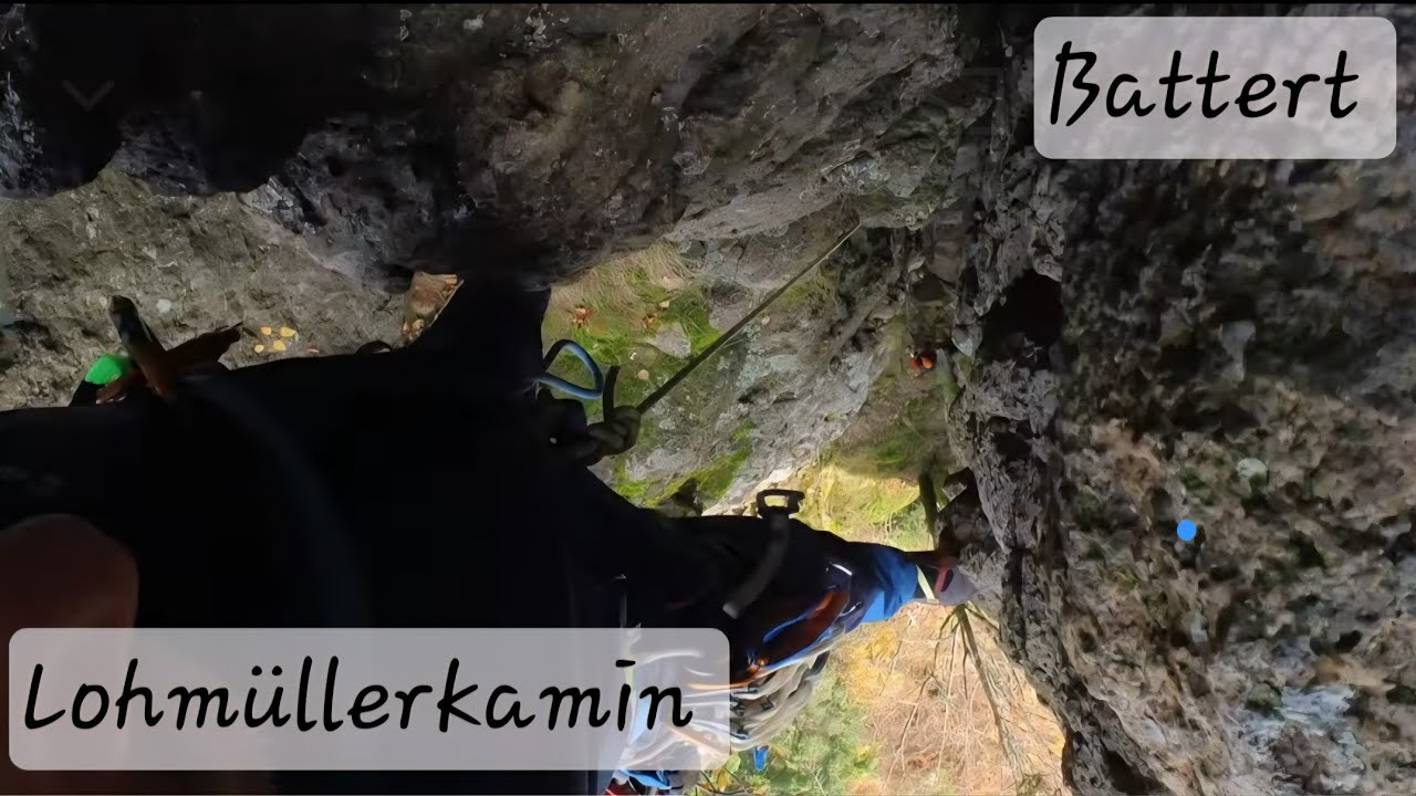 Klettern am Battert. Lohmüllerkamin 4+🔴. 
