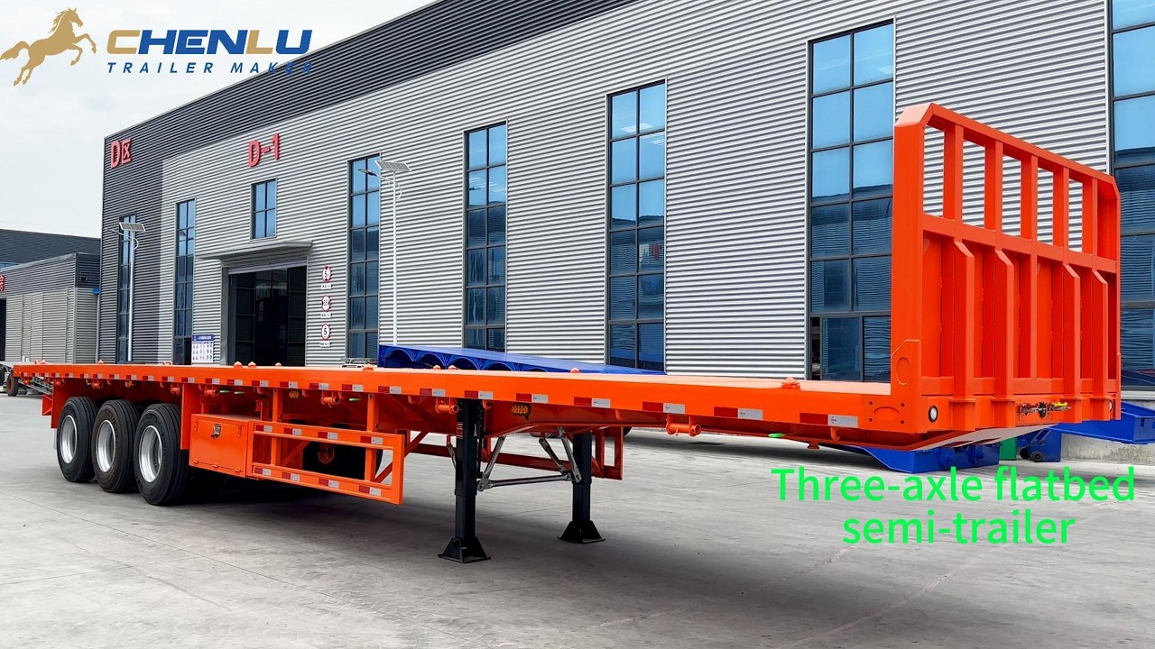 Orange CHENLU three-axle flatbed semi-trailer with fixed front headboard in the factory video