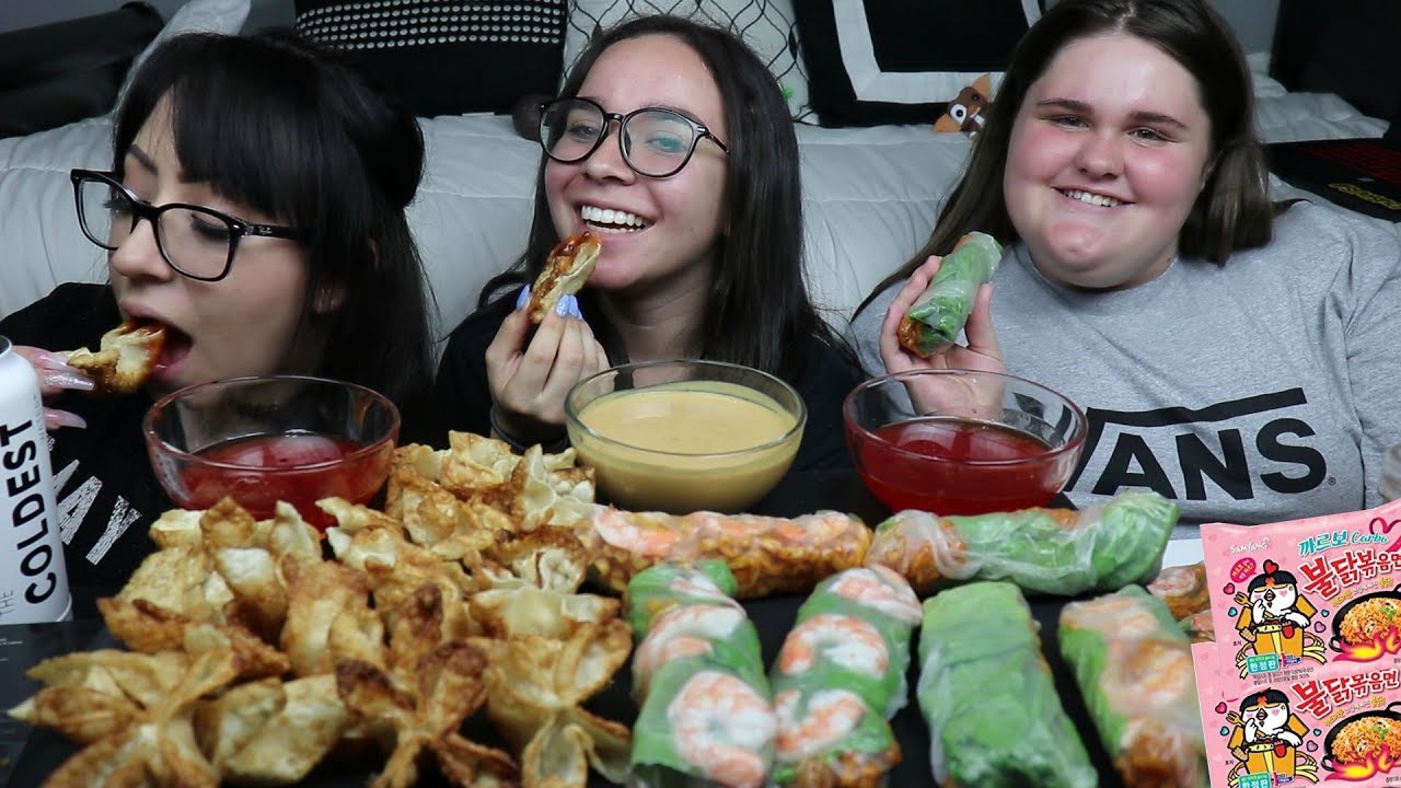 SPICY NUCLEAR NOODLE SPRING ROLLS AND FRIED WONTONS MUKBANG | EATING SHOW