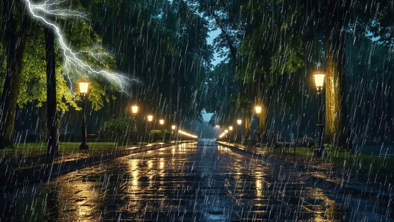 Sonido de lluvia en paseo parque por la noche - Lluvia y truenos para ...