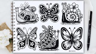 How To Draw Snail & Butterfly Easy Draw For Beginners | Snail Zentangle  |  Butterfly Zentangle