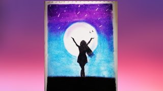 رسم بنوته في ضوء القمر خطوه بخطوه _   Moonlight Scenery Drawing with Oil Pastel