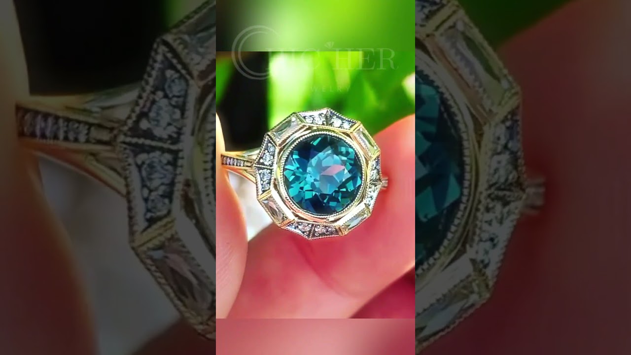 Vintage Octagonal 4ct Round Cut Teal Sapphire Statement Ring