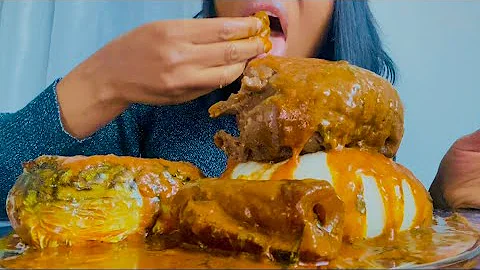 African food Mukbang Amala and pounded yam fufu with Mackerel Fish Ogbono Soup