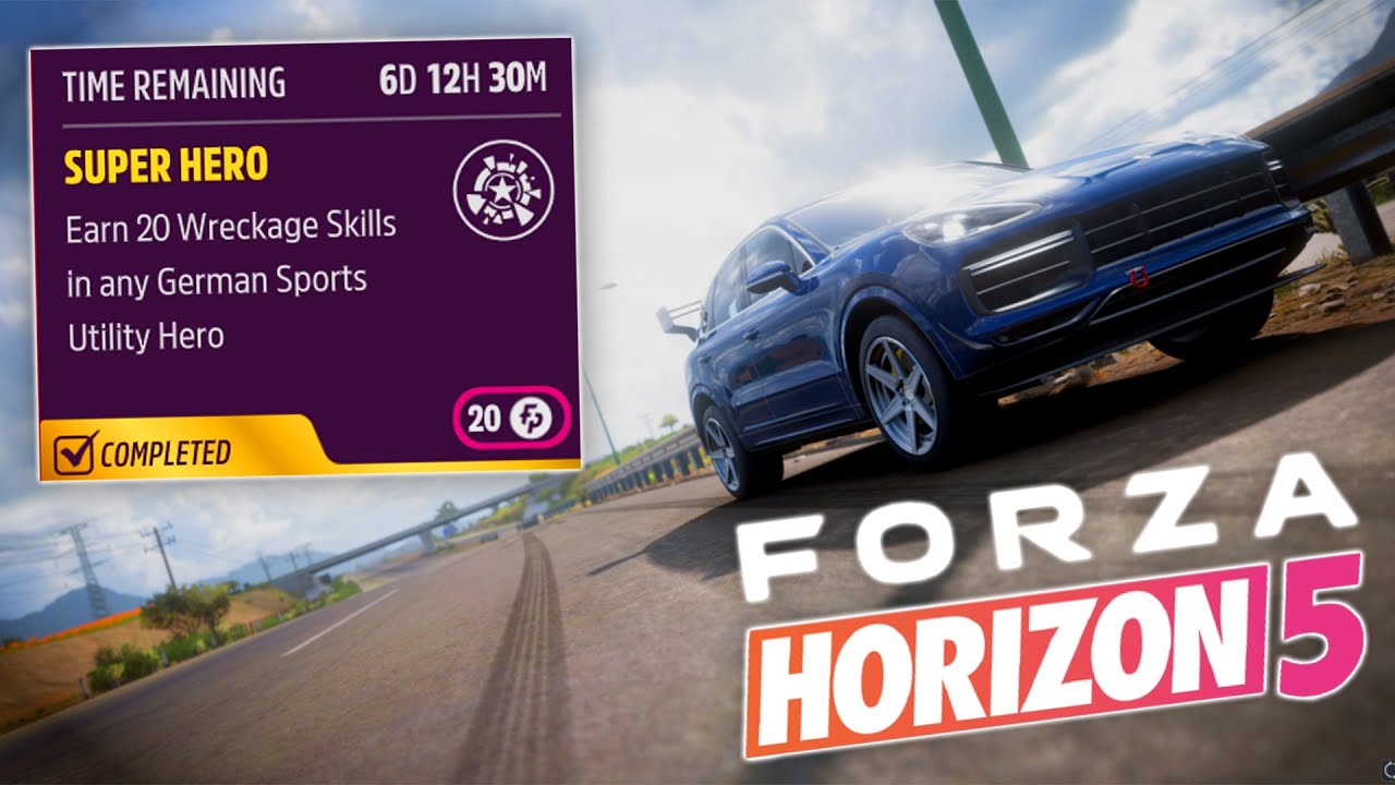 Forza Horizon 5 Daily Challenge "Super Hero"  Earn 20 Wreckage Skills In Any Germany Utility Hero