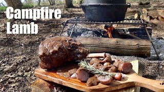 Cast Iron Campfire Cooking.  Braised Leg of Lamb Cooked in a Dutch Oven.