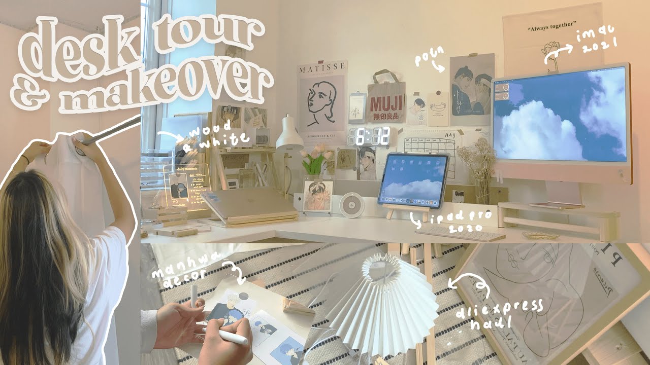 aesthetic desk tour + makeover 2021 🍮manhwa decor, organising stationery, aliexpress finds