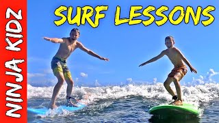 Surf Lessons with Ninja Kidz TV - First Time Surfing. Ninja Kidz TV NEWEST ADVENTURE