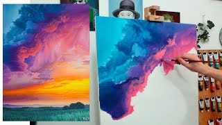 Painting Glowing Clouds with Oil / Colorful Landscape 'The Fury of the Sun'
