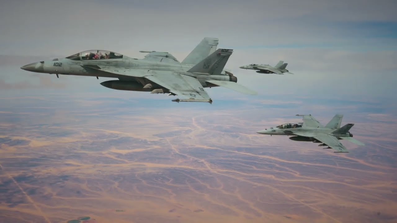 US Navy F-18 SUPER HORNETS Formation Flying over Middle East