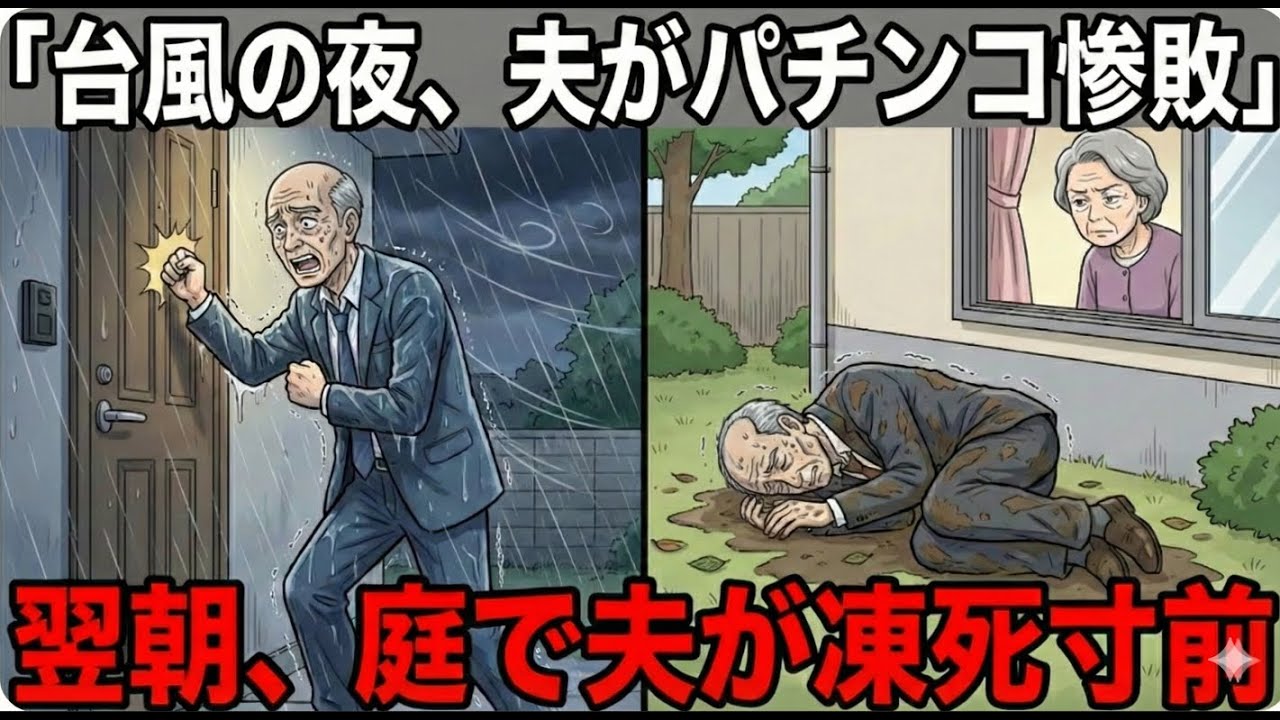 台風の夜、パチンコで負けた夫が帰宅。「開けろ！濡れるだろ！」とドアを叩くが、私はチェーンをかけて熟睡。翌朝、庭で震える夫を発見した時の私の第一声