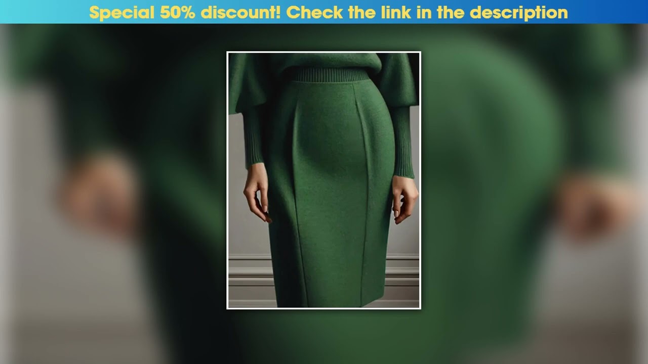 First Look Freeacy 2025 New Solid Green Knitted Skirt High Waist Slim Fit Knee Length Skirt Spring•