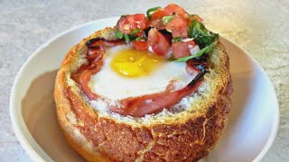 Egg Bread Bowl - Soft Boiled Egg with Ham and Bruschetta - PoorMansGourmet