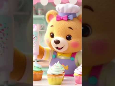 A bear making and decorating cup cakes 🍰🍰🍰