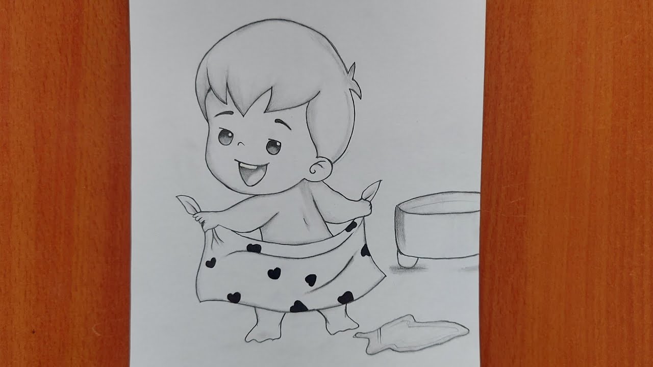 Cute baby in Towel wants to take bath drawing || School drawing | Small Cute Baby pencil drawing