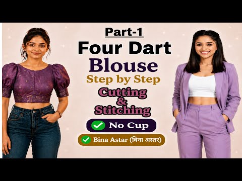 Without cup Without lining Four Dart Blouse Cutting Stitching By Raja Rani Coaching Method Part -1
