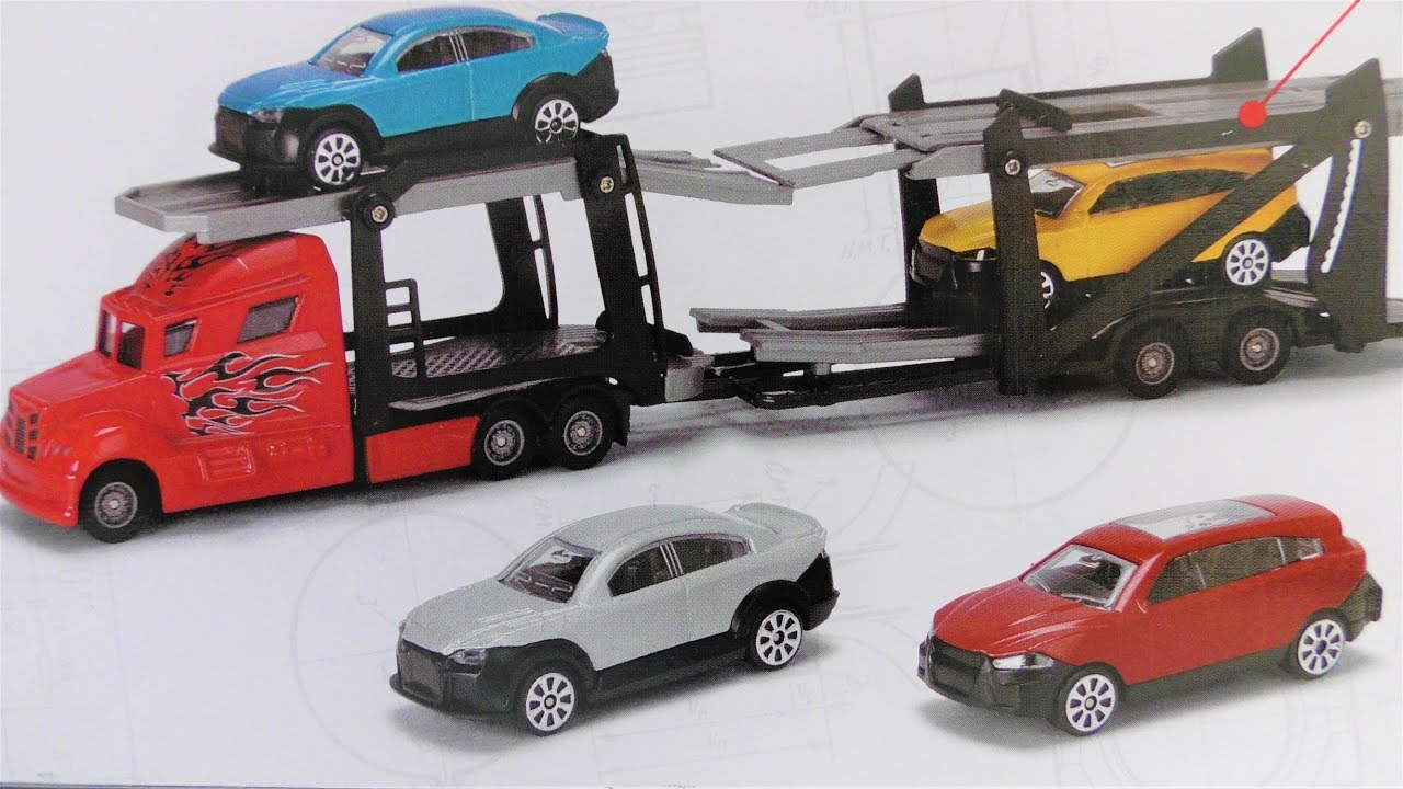 UNBOXING CAR TRUCK TRAILER WITH 4 TOY CARS