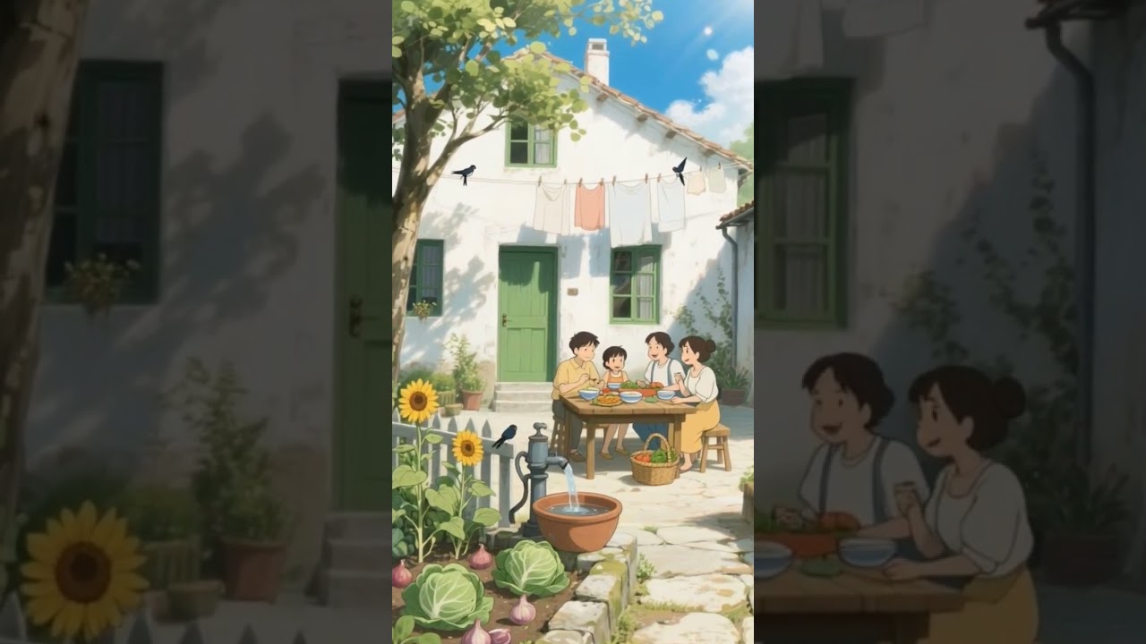 Peaceful 🍃🌷 Anime Village Scene – Cozy Rural Home,   Garden, and Family Courtyard