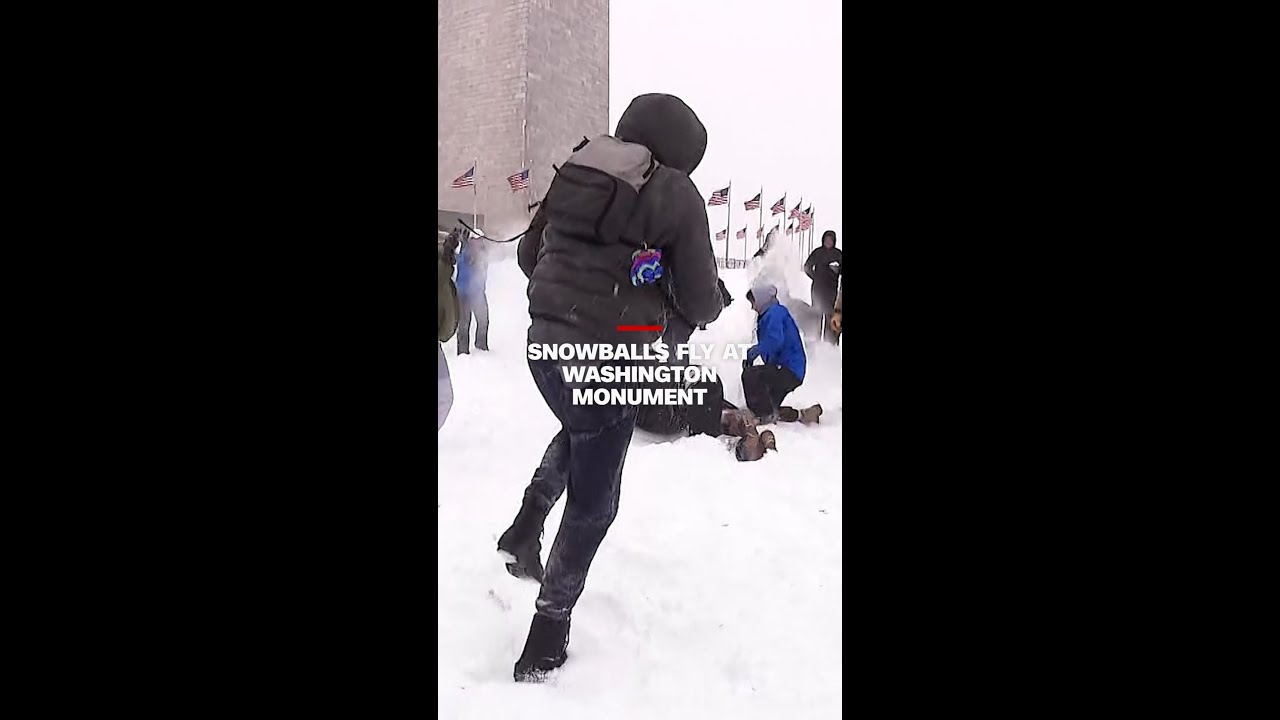 Snowballs fly at Washington Monument