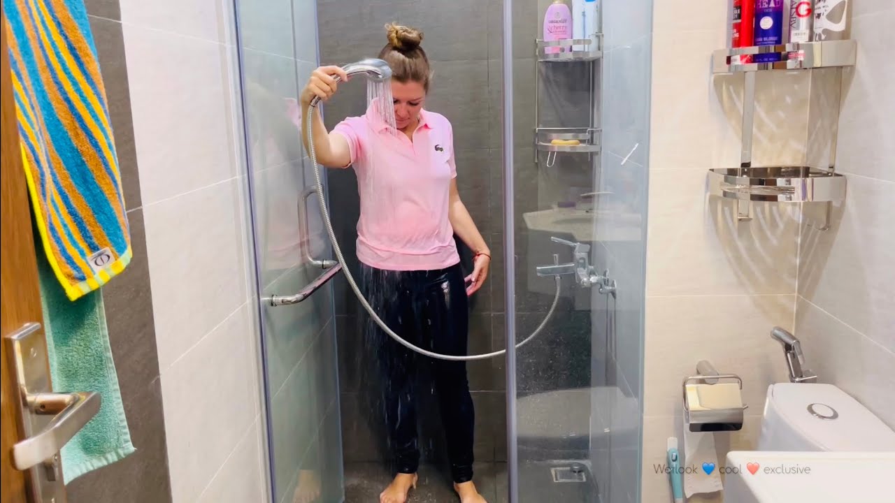 Morning wetlook video 🌸 Wet pink polo shirt • wet skinny jeans • get wet in the shower