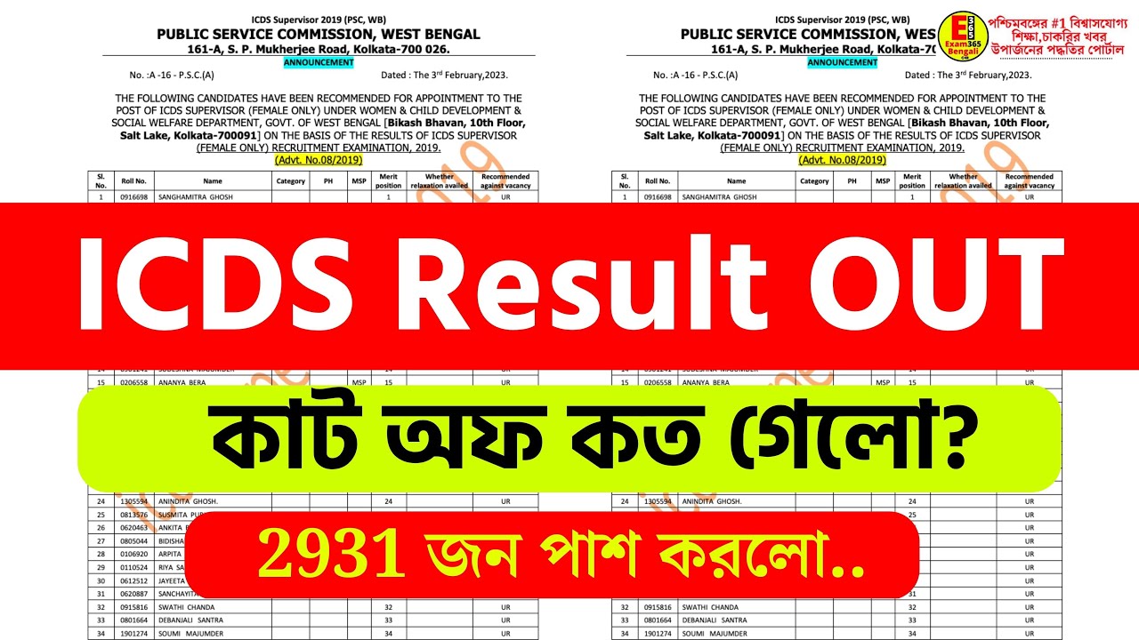 WBPSC রেজাল্ট প্রকাশিত। ICDS Supervisor Final Result OUT। ICDS Supervisor 2019 Mains Result। Cutoff