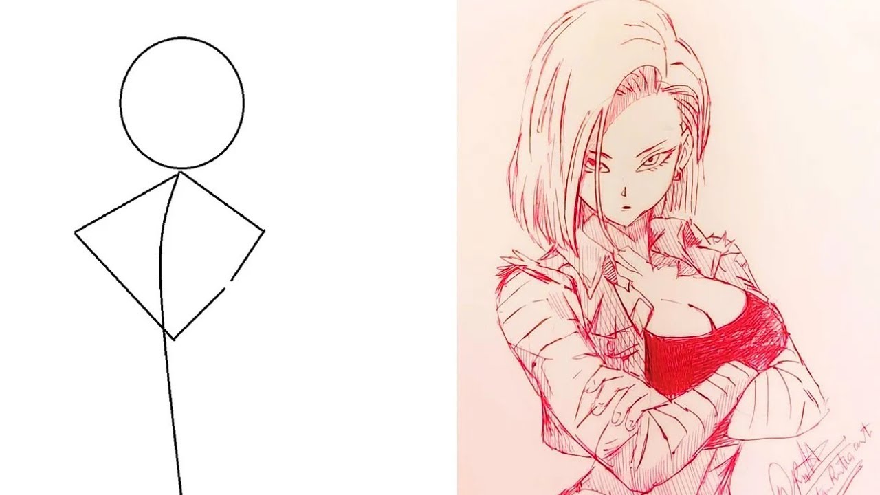 Android 18 Easy Draw EASY Android 18 Full Body Drawing Tutorial (Stickman Method) | Dragon ...