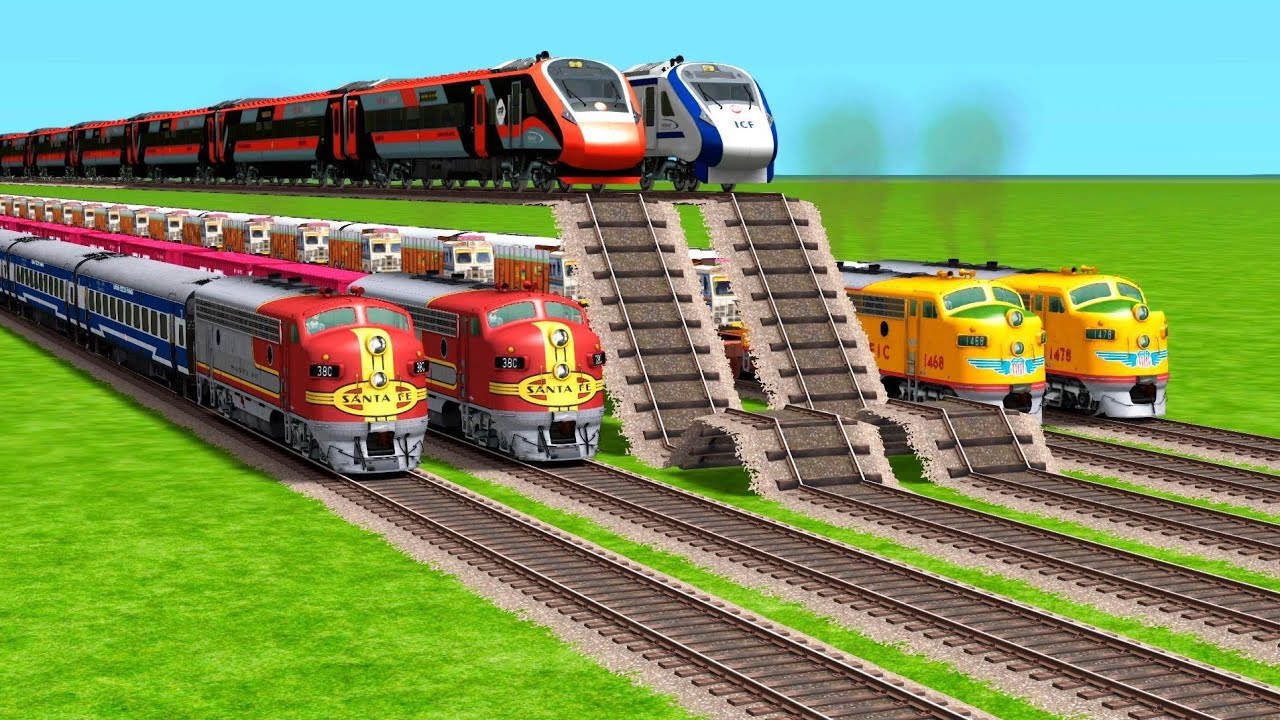 ALL FREIGHT TRAINS CROSSING ON RISKY SPEED BUMPS TRACKS | Beamng Drive |🔺train simulator 