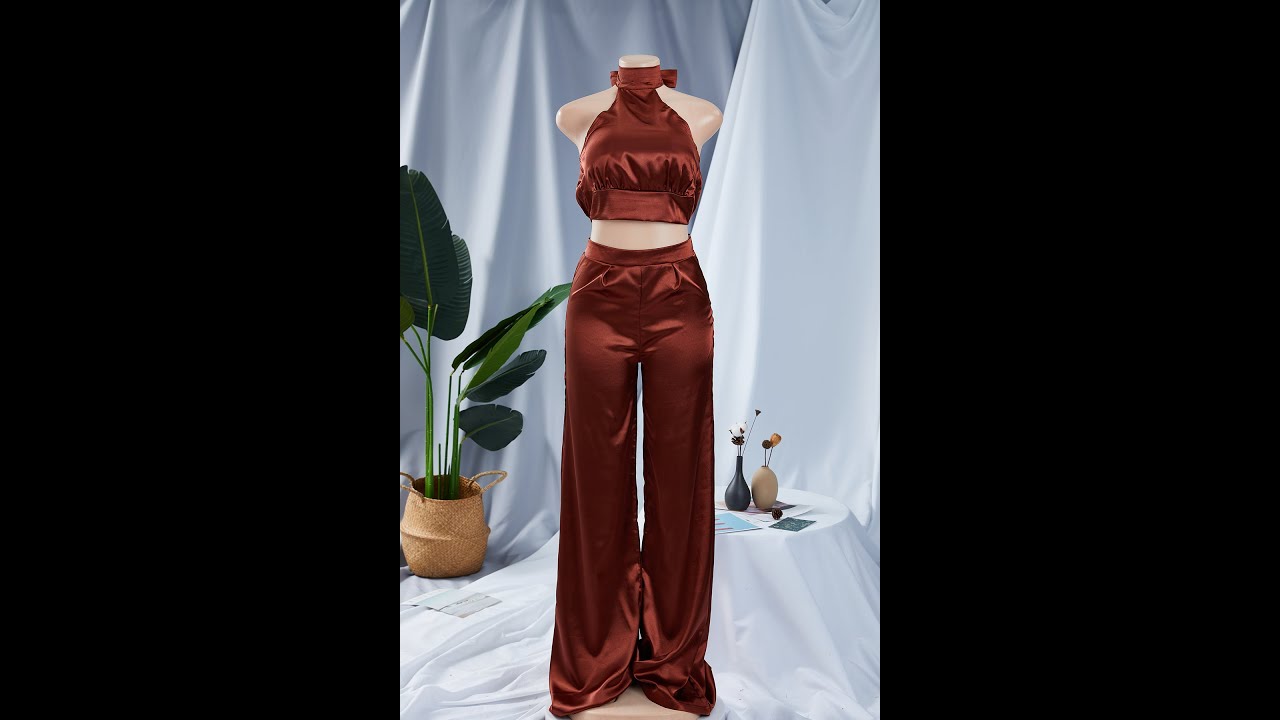 Plus size 9 colors solid color halter neck simple wide leg zip-up inelastic two-piece set A49756