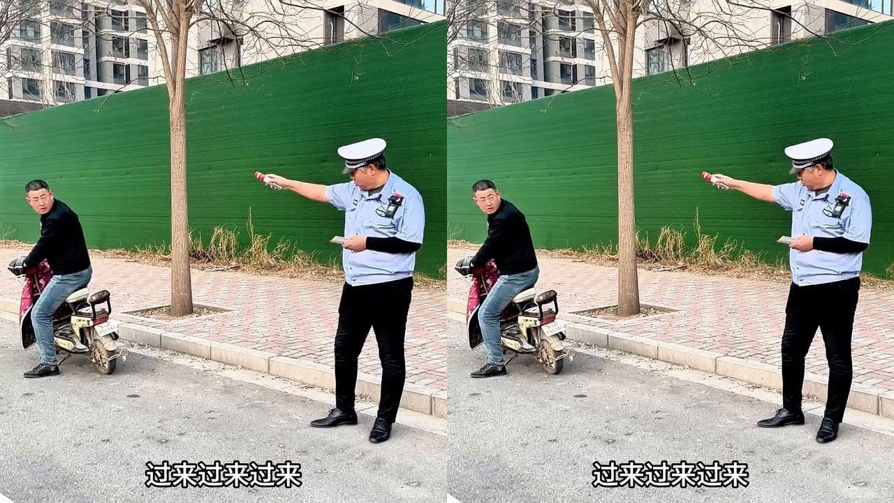 骑车不戴头盔遇罚款，本想数钱耍赖竟失手，脚下一滑直接骑跑超搞笑！#原创视频 #搞笑视频