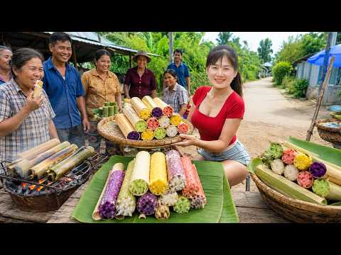 Making Many Delicious Bamboo Tubes of Multi-Colored Sticky Rice - Sell at the Village Market
