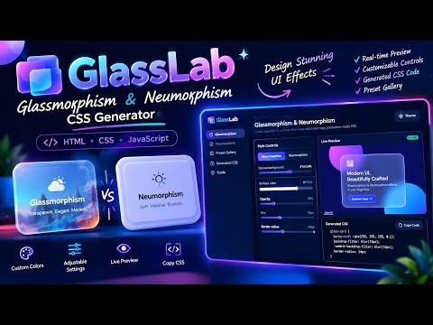 GlassLab 🎨 | Glassmorphism & Neumorphism CSS Generator | HTML, CSS & JavaScript