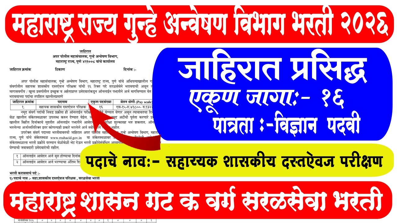 सरळसेवा भरती 2026 | नवीन जाहिरात प्रसिद्ध 🎉 | Maha CID Pune Bharti 2026 | राज्य गुन्हे अन्वेषण विभाग