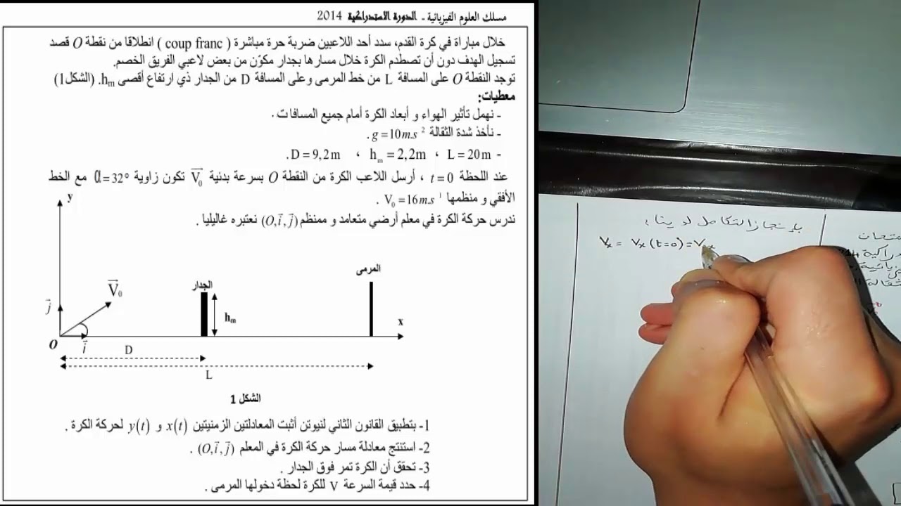 تصحيح تمرين من الامتحان الوطني للدورة الاستدراكية 2014 خاص بحركة قذيفة في مجال الثقالة المنتظم