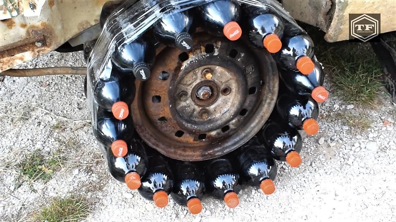 EXPERIMENT COCA COLA bottles on the CAR instead of tire YouTube