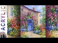 Blue door and roses. How to paint landscape 🎨ACRYLIC tutorial DEMO