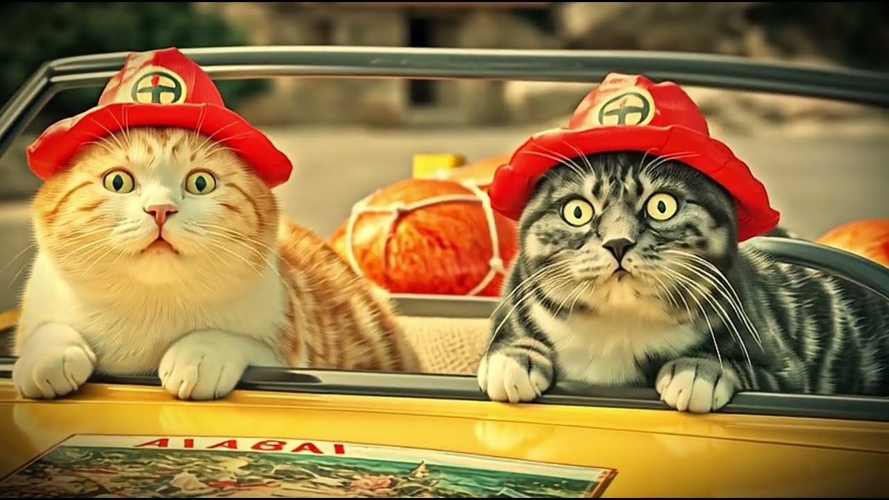 Mama Cat Trims Fur on the car and Makes Tiger Hat For Kittens At Funny Orange Cats Try Farming