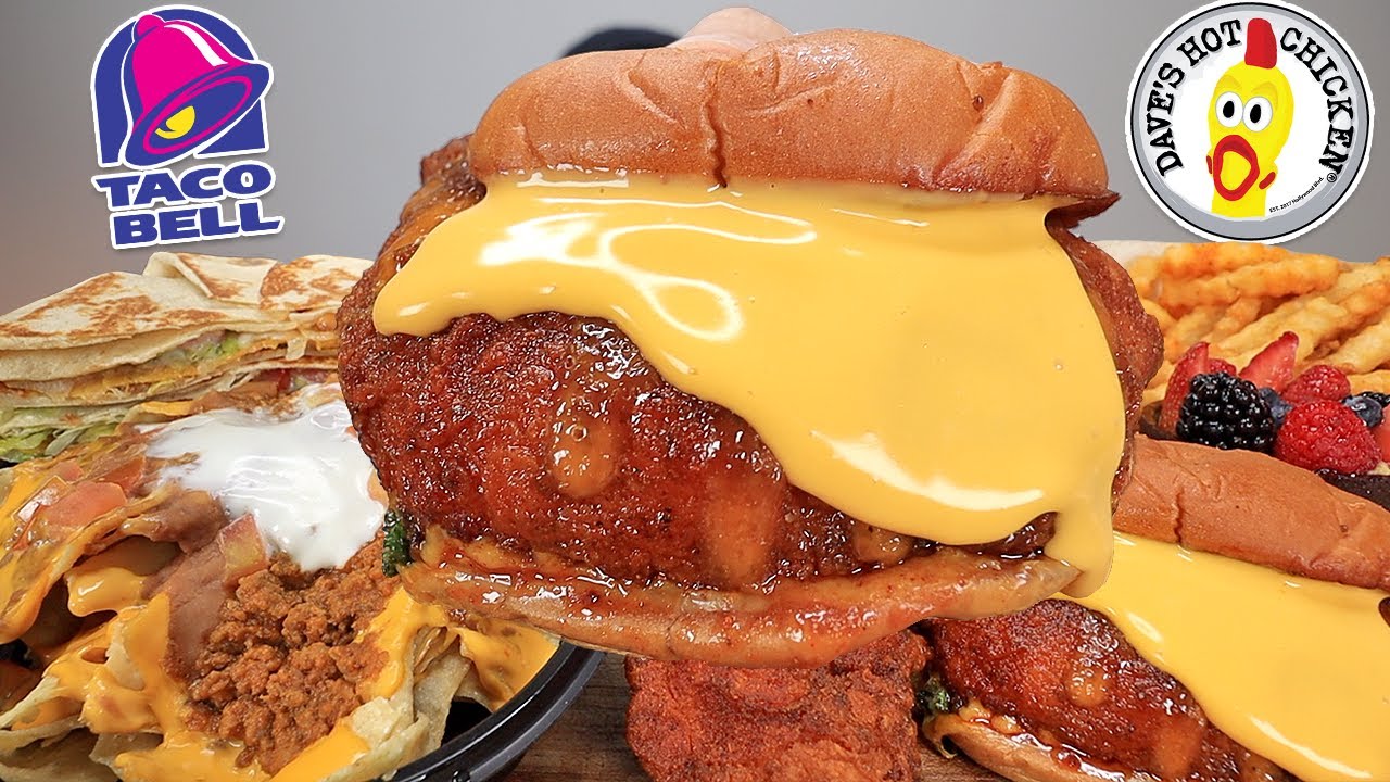 MUKBANG EATING DAVES HOT CHICKEN CHEESY BURGERS, CRISPY HOT TENDERS, TACO BELL CRUNCHWRAP SUPREME