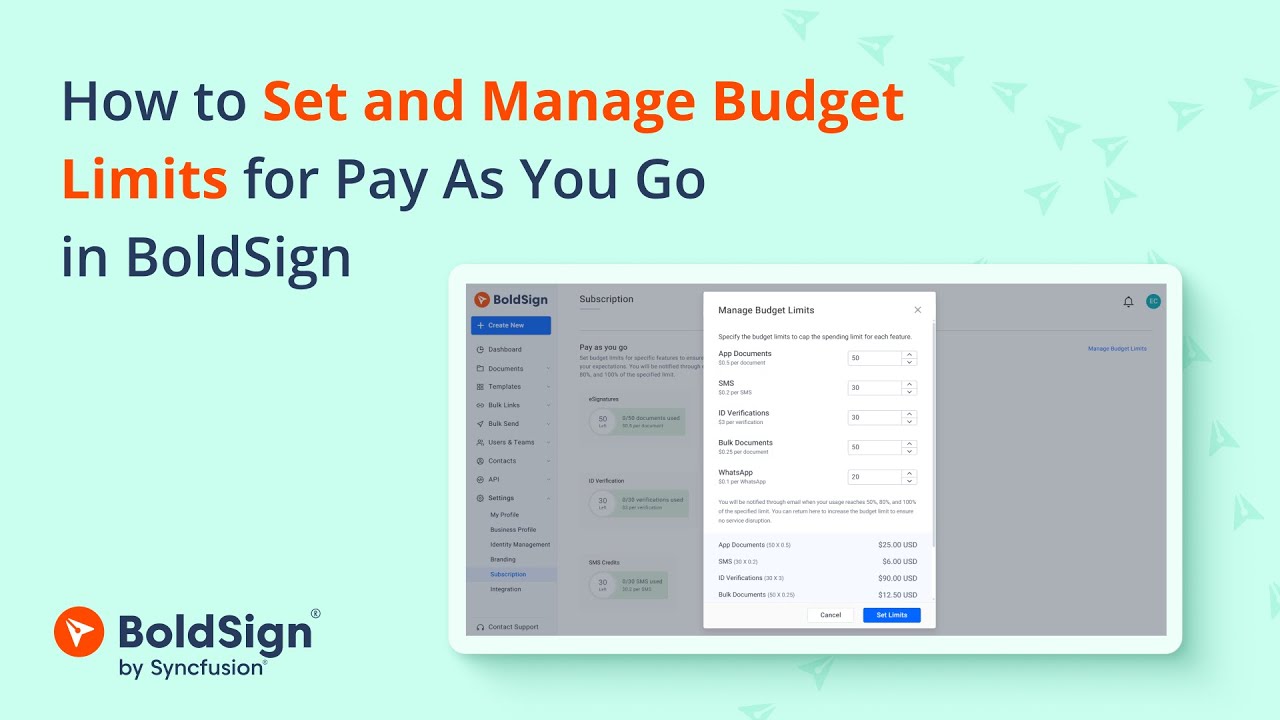 Как установить и управлять лимитами бюджета для оплаты по мере использования в BoldSign