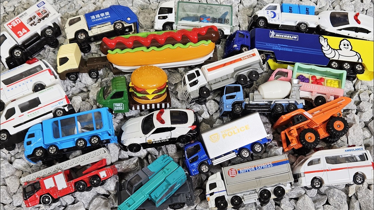 トミカ21台☆はたらくくるまなど色々な車を小石の上でチェック
