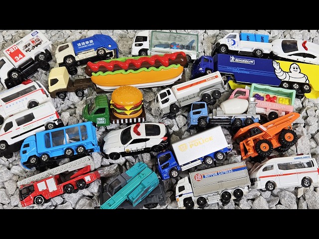 トミカ21台☆はたらくくるまなど色々な車を小石の上でチェック