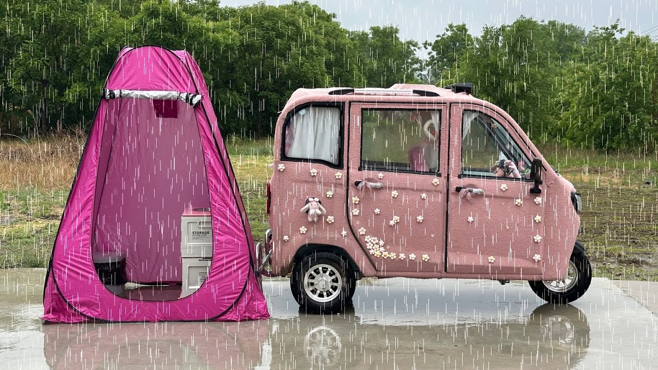 ☔️Camp in rain with my cozy mini tricycle. Asmr outdoors.