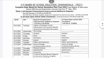 HP board senior secondary plus two(12th) Date sheet for Regular And state open school(SOS)