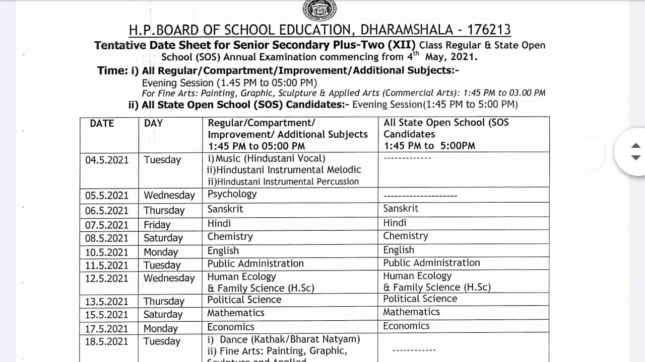 HP board senior secondary plus two(12th) Date sheet for Regular And state open school(SOS)