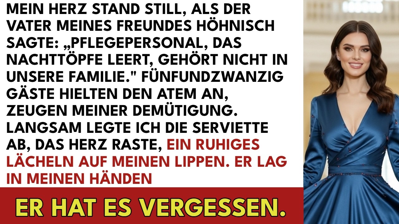 Als der Vater meines Freundes vor allen Gästen sagte, ich sei „jemand, der Nachttöpfe leert“, saß ich in seinem Luxusesszimmer in Blankenese und spürte, wie mir das Blut gefror. Ich hatte mich...