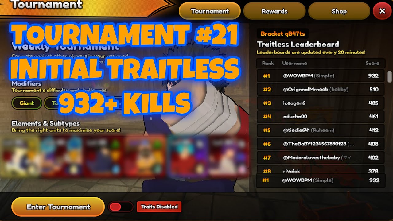 Tournament #21 (932+ kills) Initial Traitless Strat in Roblox Anime Last Stand