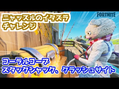 フォートナイト ニャッスルのイタズラチャレンジ コーラルコーブ スタックシャック クラッシュサイト Youtube