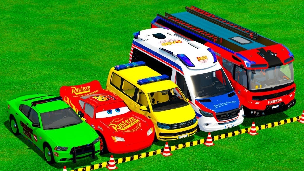 TRANSPORTING PIXAR CARS & FRUITS WITH COLORED & JOHN DEERE vs CLAAS vs TRACTORS - BeamNG.drive #983