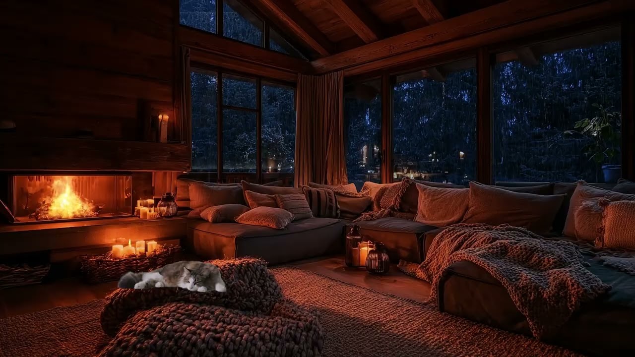 Cozy Gale Cabin Night: Rain Thunder & Fireplace with Dog 3 Hours 🌬️🐶🔥