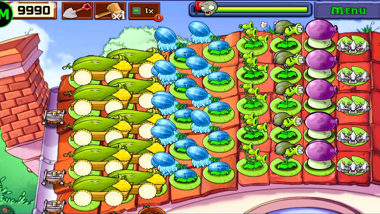 Plants Vs zombies Survival Roof Cob Cannon+Snow Melon Pult+Gatling Pea Vs All Zombies Gameplay 